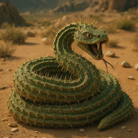 A Documentary wildlife photograph, of a hyperrealistic depiction of a surreal and imaginative desert creature—an extraordinary hybrid of a rattlesnake and a cactus—coiled tightly upon itself in a defensive posture. The creature has the overall anatomy and muscular form of a large venomous snake, with its long body coiling and looping in layers, but its texture, surface, and details are entirely botanical in nature, resembling a living cactus rather than reptilian scales. The colour of the creature is a rich desert green, with patches of dusty olive and hints of sun-faded yellow-green across the segments of its body. The skin is matte and rough, like the ridged surface of a mature cactus, complete with visible areoles and fibrous ridges.
Dozens—perhaps hundreds—of sharp, needle-like spines protrude from every segment of its body. These thorns are perfectly spaced, sharp, and slightly curved outward, casting thin, pointed shadows against the creature’s skin in the warm desert light. Each thorn glows subtly at the tip in the ambient sun, hinting at natural iridescence or biological adaptation. The density and symmetry of the spikes create a hypnotic pattern across its coiled form, combining the natural defense mechanisms of both cactus and snake into a perfect fusion of flora and fauna.
The head of the creature is unmistakably reptilian in structure but remains consistent with its cactus biology. Its face has defined, symmetrical features, a slightly raised brow, and golden, slit-pupil eyes that glint with alertness and intelligence. The surface of the face is textured like cactus flesh, with tight scales replaced by rugged, fibrous cactus ridges. Along the top of its head are additional clusters of spines, giving it a slightly crested silhouette, almost like a thorny crown. Its nostrils and mouth are clearly defined, but rather than wet, scaly flesh, they appear as dry, split segments in the plant-like surface—almost like a cracked desert husk.
Its tongue is visible in this scene, mouthopen wide fangs showing and dripping poison , showing the suggestion of movement or intention—in the middle of a strike, The creature’s overall posture is one of readiness and latent threat, yet it also carries a strange beauty, perfectly adapted to the harsh, arid environment it must inhabit. The background is softly blurred, consisting of earthy desert tones: warm brown sand, distant beige rock formations, and dry shadows. The lighting is soft and natural, possibly during the golden hour, which gives the creature’s green and golden hues a subtle glow and enhances the contrast between the thorns and the matte body surface.
The depth of field is shallow, with the background softly out of focus, allowing all attention to remain on the creature’s form. Its body is coiled in a complex, elegant loop, overlapping in ways that reveal the mechanical precision of its biological structure. The layering of its coils adds depth, texture, and movement to the composition, creating a sense of realism despite the fantasy concept.
The overall tone is mysterious, otherworldly, and slightly unsettling—yet also mesmerising. This hybrid creature could easily exist in a post-apocalyptic biome, an alien world, or a magically transformed desert landscape. The blending of flora and fauna feels seamless, with attention to texture, anatomy, and lighting that makes the creature believable within a fantastical context..4k, 8k, highly detailed, cinematic, 8k, dramatic lighting, high detail, highly detailed, hyper realistic, intricate, intricate sharp details, 35mm photograph, film, bokeh, professional, 4k, highly detailed