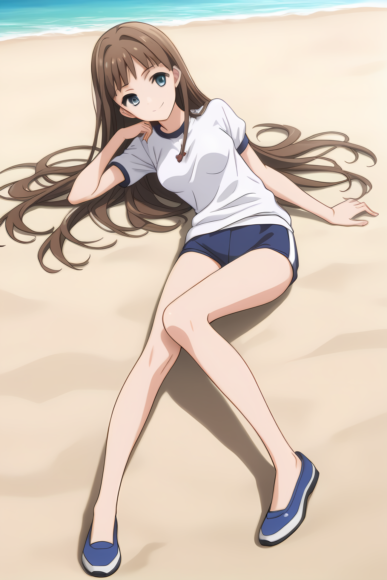 gym clothes, mt-asuka, brown hair, red bow, medium breasts, 1girl, solo, skinny, masterpiece, high quality, (full body|sitting|standing|lying), beach, light smile, score_9, score_8_up, score_7_up, source_anime, anime, anime style <lora:mt-asuka-V01-000003:0.80>
