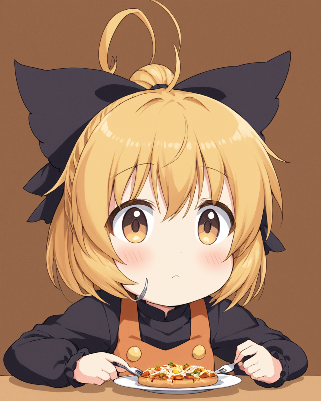 kurodani yamame,1girl, solo, ?, hair_bow, fork, ponytail, food_on_face, blush, dress, long_sleeves, brown_background, simple_background, eating, hair_ribbon, upper_body, ahoge
<lora:kurodani_yamame_image2914_2023-12-17-000008:1>,star-shaped_pupils,symbol-shaped_pupils,. gorgeous,key visual, vibrant, studio anime,award-winning, professional, highly detailed,high budget, cinemascope