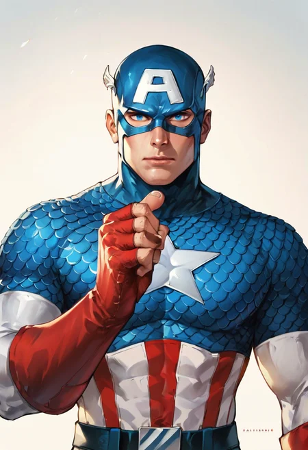 score_9, score_8_up, score_7_up, extremely detailed, highest quality, masterpiece, year 1942, 1man, cap7a1n_am3r1ca, superhero, perfect blue eyes, very handsome man, upper body, fighting pose