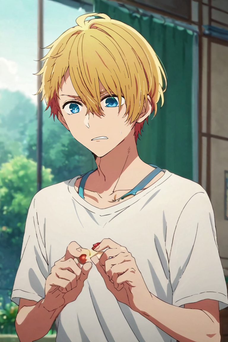 score_9, score_8_up, score_7_up, score_6_up, score_5_up, score_4_up, BREAK source_anime, anime screencap, , official style, , , depth of field, 1boy, solo, male focus, <lora:aquamarine_hoshino_pony:0.78>, aquamarine_hoshino, , fruits costume, , Hands clenching into fists, indicating anger or frustration, <lora:sdxl_lightning_8step_lora:1>