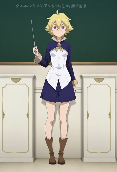 classroom for heroes style, Eliza, 1girl, solo, short hair, blonde hair, hair between eyes, ahoge, blue eyes, small breasts, school uniform, glasses, blue jacket, white shirt, blue skirt, brown boots, standing, holding pointer
BREAK
inside meeting room, chalkboard, podium
BREAK
<lora:Classroom_for_Heroes_character_pack_Illustrious:1>