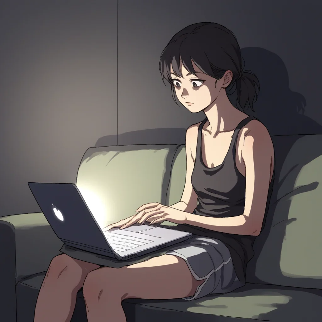 score_9, score_8_up, score_7_up, score_6_up, score_5_up, score_4_up, zPDXL2,source_anime,rating_questionable,solo, 1girl, tank top, couch, <lora:Illuminated_By_Screen:0.8> Scr33nLum, laptop, sitting, dark,indoors, shadows, harsh lighting