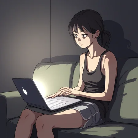score_9, score_8_up, score_7_up, score_6_up, score_5_up, score_4_up, zPDXL2,source_anime,rating_questionable,solo, 1girl, tank top, couch, <lora:Illuminated_By_Screen:0.8> Scr33nLum, laptop, sitting, dark,indoors, shadows, harsh lighting
