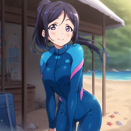 score_9, score_8_up, score_7_up, score_6_up, BREAK, k4n4n, wetsuit, bodysuit, beach, 1girl, solo, smile, blush, looking at viewer, <lora:k4n4nV6:1>