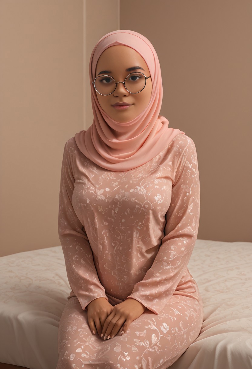 <lora:Mala2:1> 1girl, coll-malas, solo,hijab, round glasses, sitting on a comfy bed