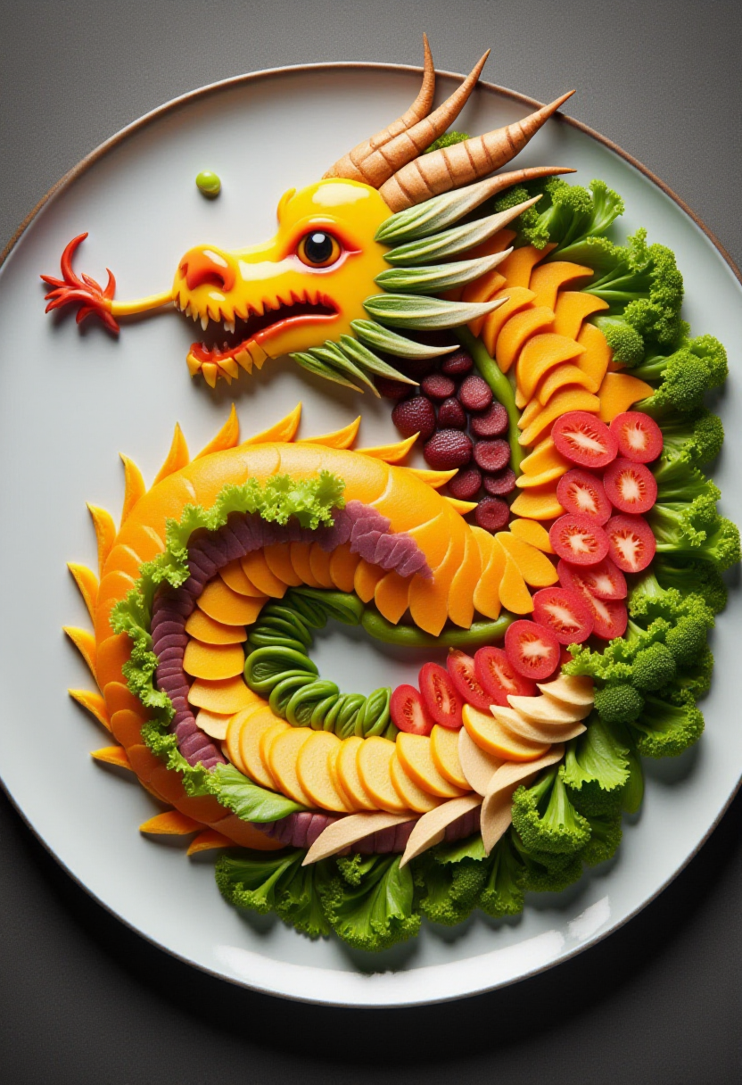 <lora:Food_Formations_FLUX-000016:0.9>
photograph showcasing a meticulously arranged plate of food art, designed to resemble a dragon .