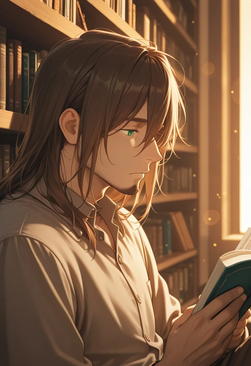 1boy, mbti_infp, mature man, long brown hair, green eyes, in bookstore, reading, bookshelves, soft light, intellectual, thoughtful, cool, stylish, aesthetic, detailed background, highres, masterpiece, best quality, bokeh