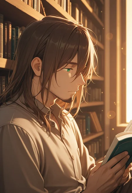 1boy, mbti_infp, mature man, long brown hair, green eyes, in bookstore, reading, bookshelves, soft light, intellectual, thoughtful, cool, stylish, aesthetic, detailed background, highres, masterpiece, best quality, bokeh