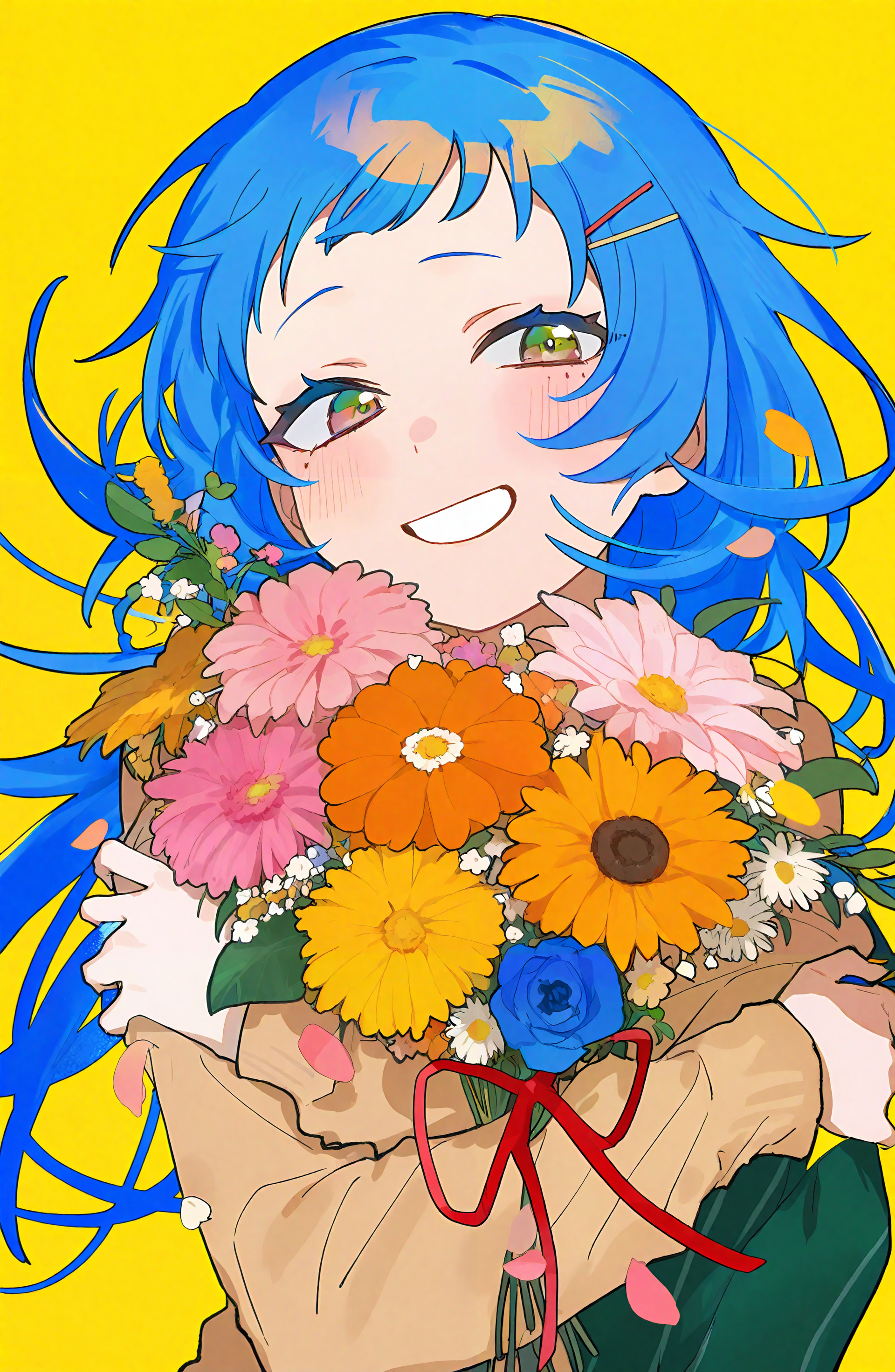 1girl, solo, long_hair, looking_at_viewer, blush, smile, simple_background, long_sleeves, hair_ornament, holding, blue_hair, yellow_eyes, flower, hairclip, red_ribbon, mole_under_eye, petals, floating_hair, yellow_background, pink_flower, blue_flower, yellow_flower, bouquet, holding_bouquet, orange_flower