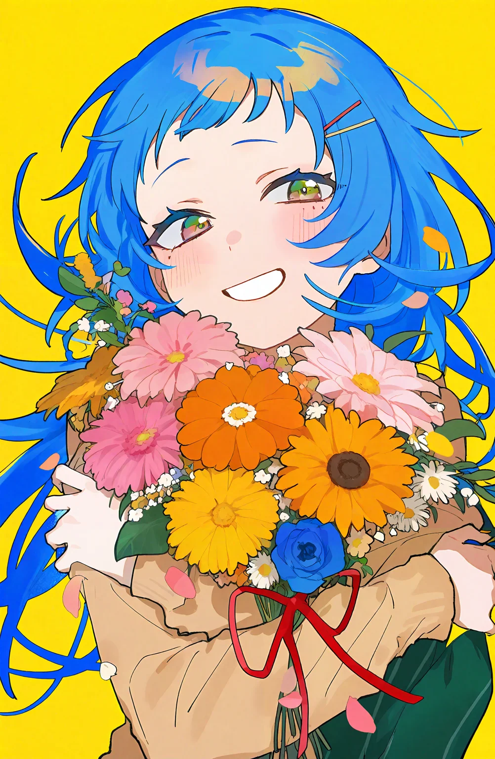 1girl, solo, long_hair, looking_at_viewer, blush, smile, simple_background, long_sleeves, hair_ornament, holding, blue_hair, yellow_eyes, flower, hairclip, red_ribbon, mole_under_eye, petals, floating_hair, yellow_background, pink_flower, blue_flower, yellow_flower, bouquet, holding_bouquet, orange_flower