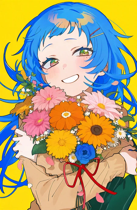 1girl, solo, long_hair, looking_at_viewer, blush, smile, simple_background, long_sleeves, hair_ornament, holding, blue_hair, yellow_eyes, flower, hairclip, red_ribbon, mole_under_eye, petals, floating_hair, yellow_background, pink_flower, blue_flower, yellow_flower, bouquet, holding_bouquet, orange_flower