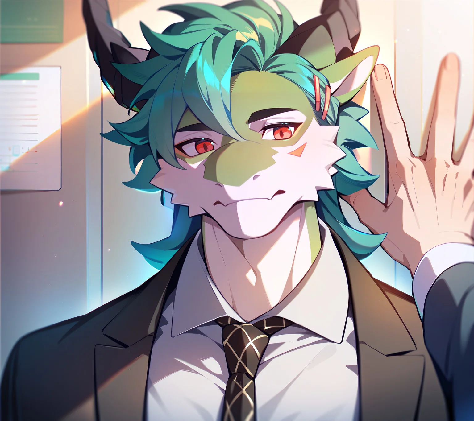 score_9, score_8_up, score_7_up, best quality, amazing quality, best aesthetic, amazing aesthetic, 2023, duo, dragon, furry male, solo focus, green hair, red eyes, medium hair, hairclip, bangs, suit, pov hands, kabedon, <lora:KabedompovPonyXL:1.2>, wall \(structure\), office