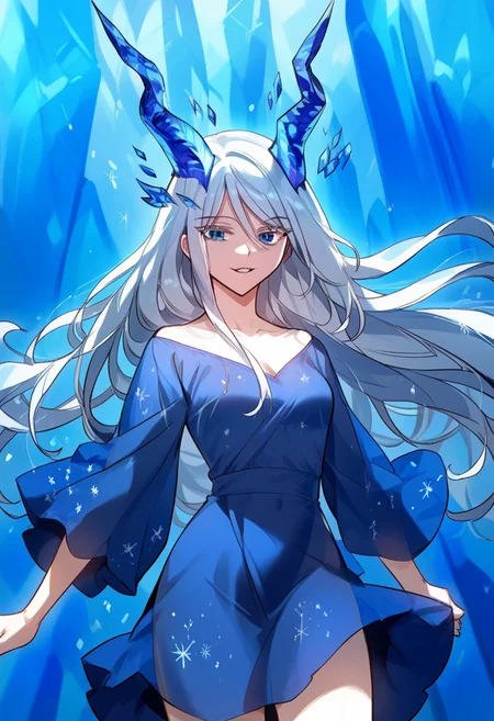 zPDXL3, score_9_up, score_8_up, score_7_up, (Anime_source), 1girl, Merenia, blue eyes, white eyebrows, white hair, long hair, dragon horns, Merenia clothes, crystal floating on head, parted lips, smile, looking at viewer, cowboy shot, from front