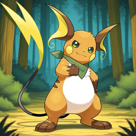 Raichu, solo, semi-anthro, rodent, pokemon (creature), orange fur, yellow cheeks, brown ears, brown feet, brown hands, white belly fur, thin tail, black tail, yellow tail tip, green eyes, black sclera, full body, looking at viewer, green bandana, smile, scratching chest, standing, forest background,