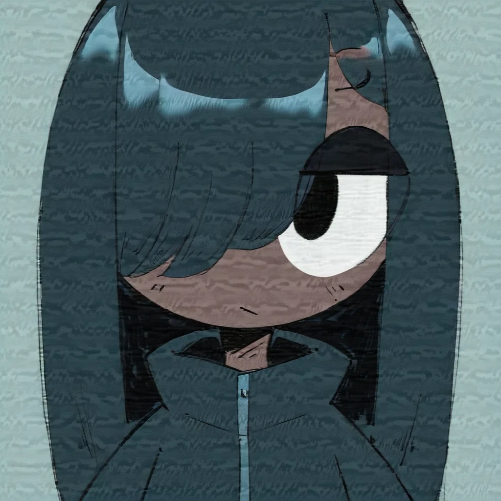 StyleBirdBlitz,(masterpiece, best quality),
1girl, solo, black hair, long hair, black eyeshadow, swept bangs, hair over one eye, black eyes, solid circle pupils, tareme, white sclera, dark skin, jitome, :/, black jacket, upper body, close-up, straight-on, grey background, (white frame)