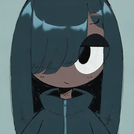 StyleBirdBlitz,(masterpiece, best quality),
1girl, solo, black hair, long hair, black eyeshadow, swept bangs, hair over one eye, black eyes, solid circle pupils, tareme, white sclera, dark skin, jitome, :/, black jacket, upper body, close-up, straight-on, grey background, (white frame)
