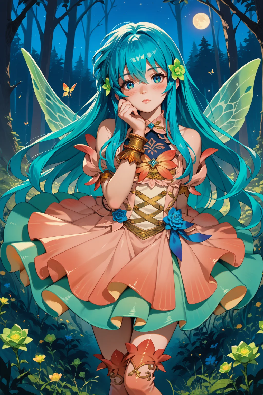 score_9, score_8_up, score_7_up, score_6_up, source_anime, 1girl, solo <lora:resplendenteirika-pdxl-nvwls-v1-000005:1> rsEir, cyan hair, long hair, hair between eyes, hair flower, green flower, pink dress, gradient clothes, insect wings, bracelet, gradient thighhighs, night, forest, looking at you, blush