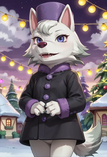 score_9, score_8_up, score_7_up, BREAK,
whitneyc, wolf, white fur, flat chest, 1girl, female, solo, night, winter, winter outfit, black coat, purple trim, purple muff, hands together, purple hat, pillbox hat, cowboy shot, from front, from below, facing side, looking ahead, purple sky, christmas_lights, snow, village, house, pine tree, clouds, string lights, happy, amused, bloom, tail, blue eyes, maroon nose, standing,
, <lora:Whitney_v2aS98:1>, zPDXL,