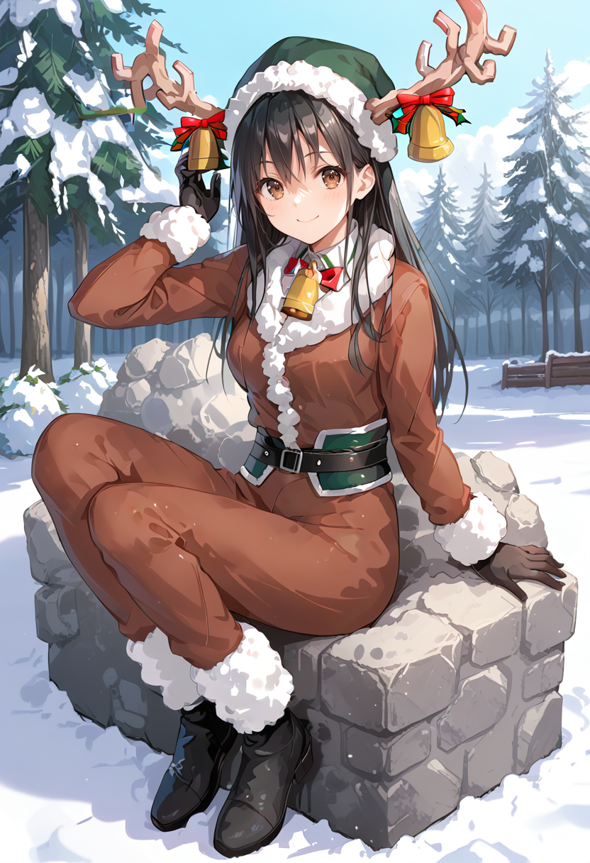 1girl, solo, park, full body,   <lora:KC_03HC_chikuma_pony:1> chikumakc, black hair, long hair, brown eyes,        chikumaxmaskc, reindeer_costume, antlers, neck bell, head bell, belt, santa hat, green hat, black shoes,, score_9,score_8_up, score_7_up, source_anime, masterpiece, best quality,  official art, official style, game cg, megami magazine, rating_safe, rating_questionable, <lora:Fixhands_anime_bdsqlsz_V1:0.75>, NEGATIVE_HANDS