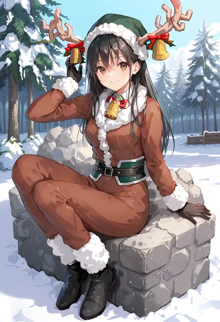 1girl, solo, park, full body, <lora:KC_03HC_chikuma_pony:1> chikumakc, black hair, long hair, brown eyes, chikumaxmaskc, reindeer_costume, antlers, neck bell, head bell, belt, santa hat, green hat, black shoes,, score_9,score_8_up, score_7_up, source_anime, masterpiece, best quality, official art, official style, game cg, megami magazine, rating_safe, rating_questionable, <lora:Fixhands_anime_bdsqlsz_V1:0.75>, NEGATIVE_HANDS