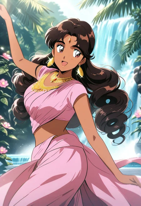 Anime indian girl, retro anime style, 8k ultra hd, brown skin, perfect brown eyes, 25years old, long curly black hair, traditional indian clothes, wearing a pink sari, gold necklace, gold earrings, masterpiece, best quality, amazing quality, dancing, outdoors, flowery jungle, waterfall, day time, happy, smile,