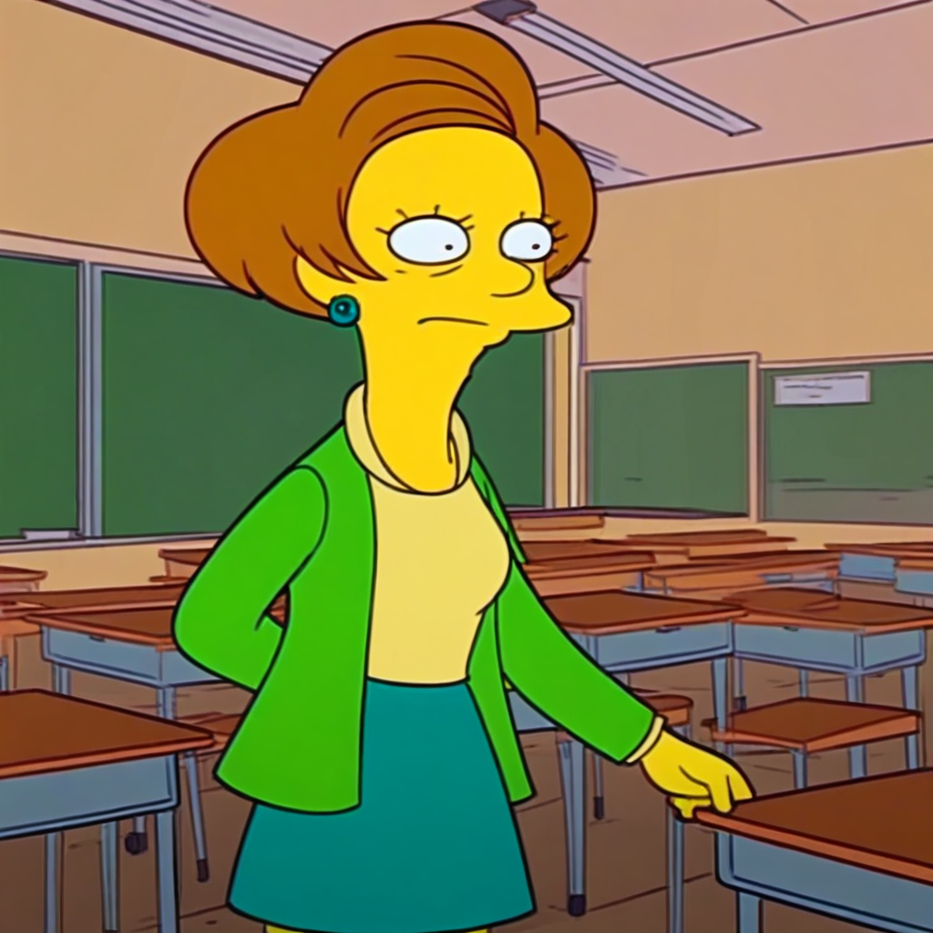 score_9, solo, Edna_Krabappel, brown hair, short hait, yellow skin, earrings, jacket, skirt, classroom