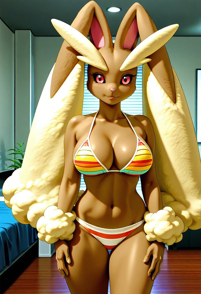 striped bikini, solo, 1girl, lopunny, large breasts, indoors
