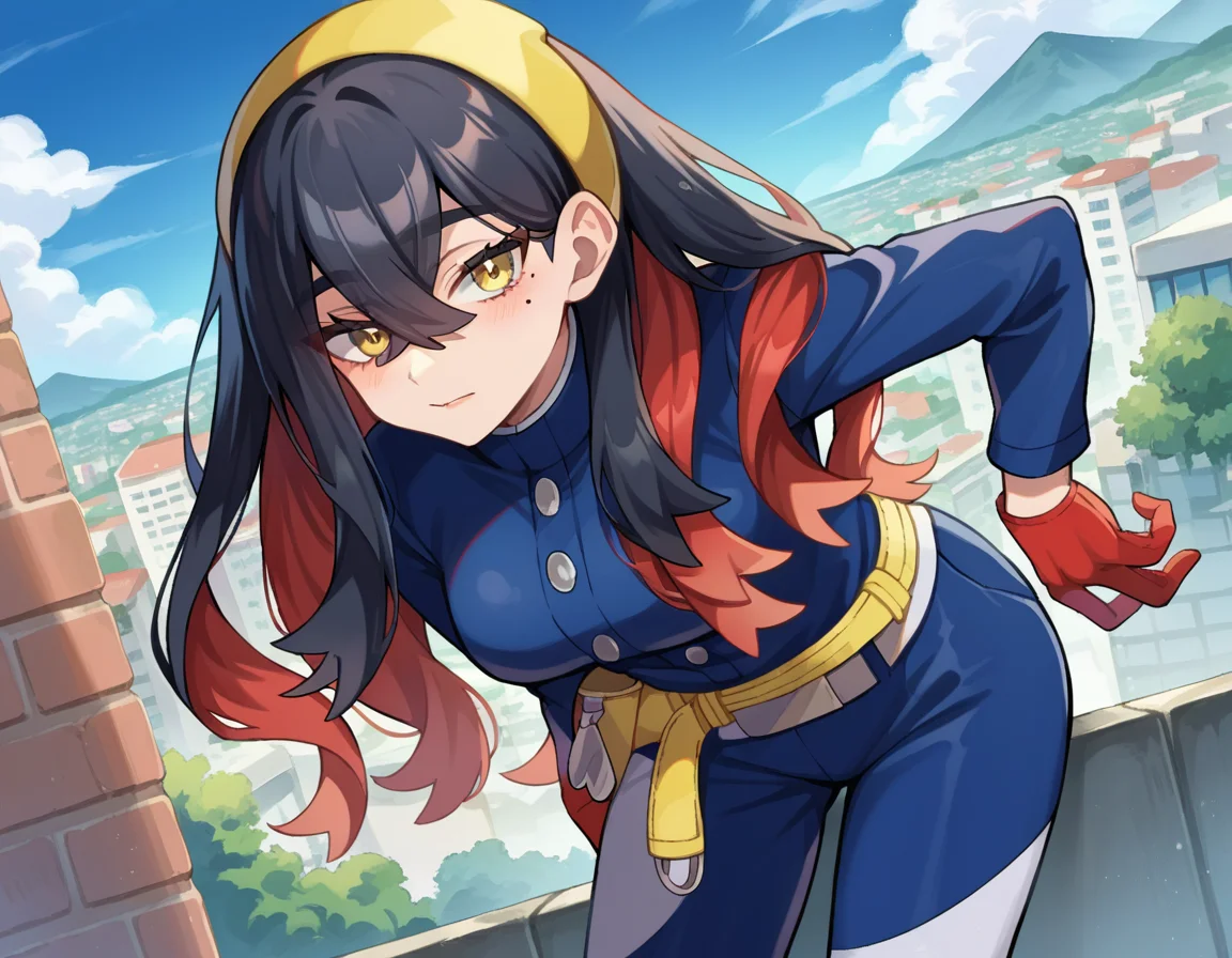 score_9, score_8_up, score_7_up, source_anime,
pokemoncarmine, <lora:pokemon-carmine-ponyxl-lora-nochekaiser:1>
pokemoncarmine, black hair, colored inner hair, crossed bangs, hair between eyes, hairband, long hair, mole, mole under eye, multicolored hair, red hair, sidelocks, two-tone hair, yellow eyes, yellow hairband,
buttons, long sleeves, jacket, gloves, red gloves, pants, belt, blue pants, blue jacket,
outdoors, cityscape, bent over,
looking at viewer, cowboy shot, dutch angle,