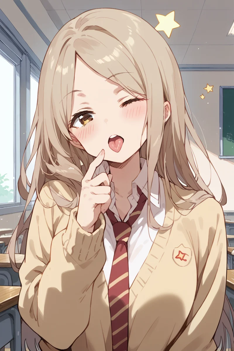 score_9, score_8_up, score_7_up, score_6_up, 
 <lora:Kotone_Noda:1> kotone, 1girl, one eye closed, solo, tongue out, tongue, long hair, star (symbol), blush, brown eyes, school uniform, necktie, shirt, white shirt, indoors, sweater