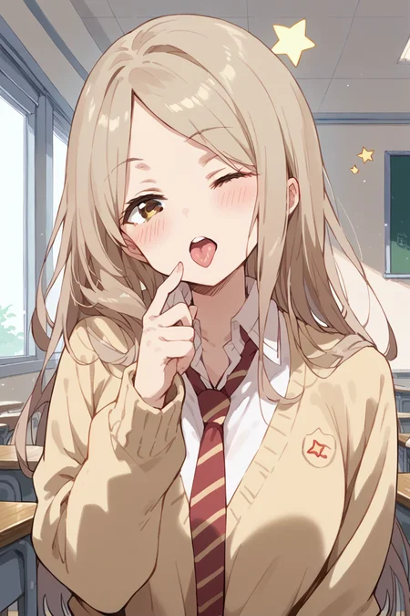 score_9, score_8_up, score_7_up, score_6_up,
<lora:Kotone_Noda:1> kotone, 1girl, one eye closed, solo, tongue out, tongue, long hair, star (symbol), blush, brown eyes, school uniform, necktie, shirt, white shirt, indoors, sweater
