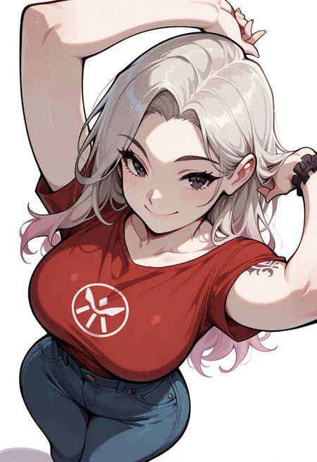 masterpiece, best quality, 32k, high resolution, absurdres, 1girl, Laura, LauraRH, shoulders length hair, straight hair, platinum hair, (pink) gradient hair, dark eyes, cute face, meduum breasts, curvy, large hips, pale skin, red t-shirt, denim lants, posing, pinup pose, white background, aesthetic, high angle view, standing up, face closeup, little wrist tattoo, dutch angle, smiling