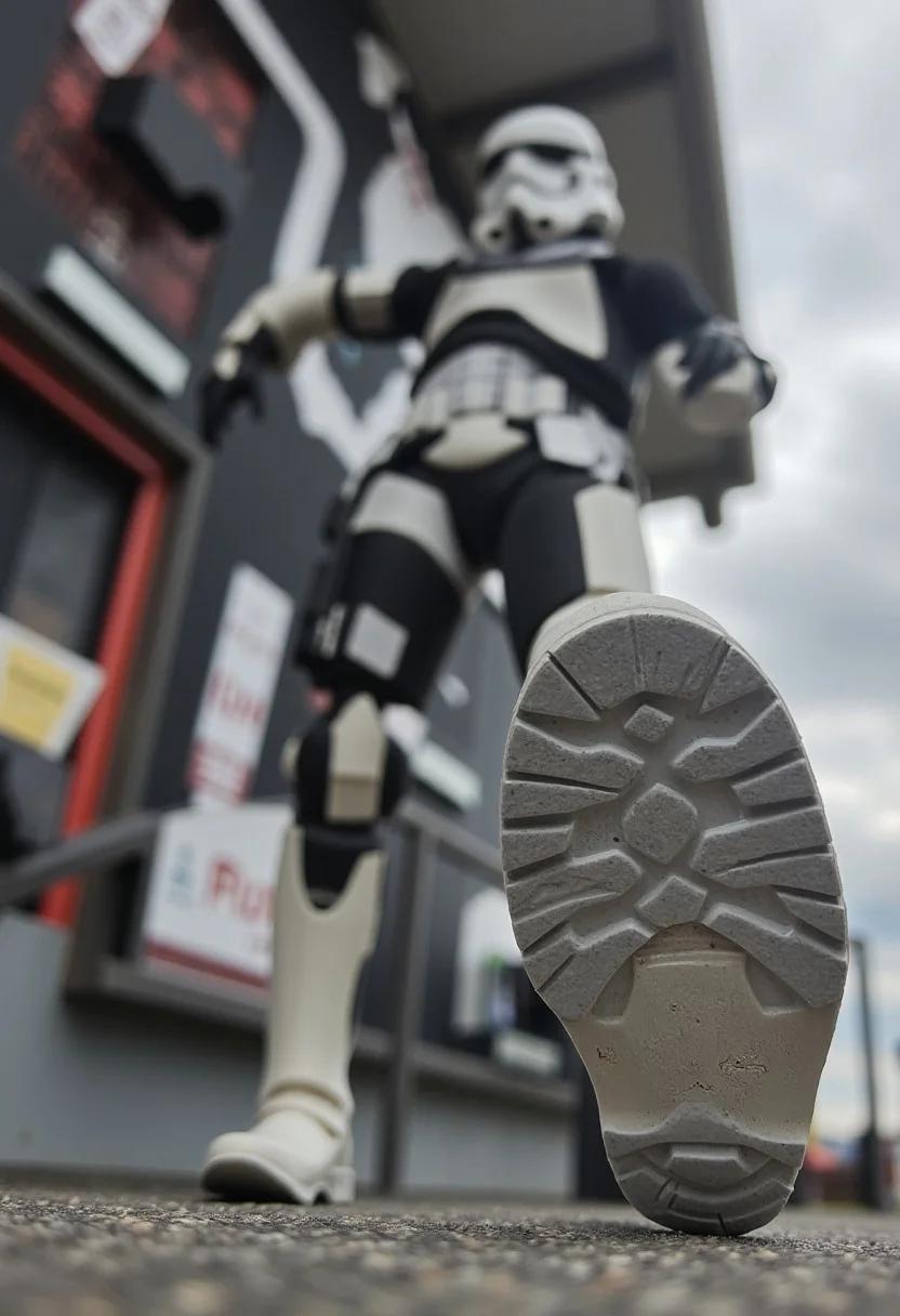Photograph of POV getting stepped on.  Photograph of stormtrooperflux viewed from below with the emphasis on the bottom of his large boot in the foreground.