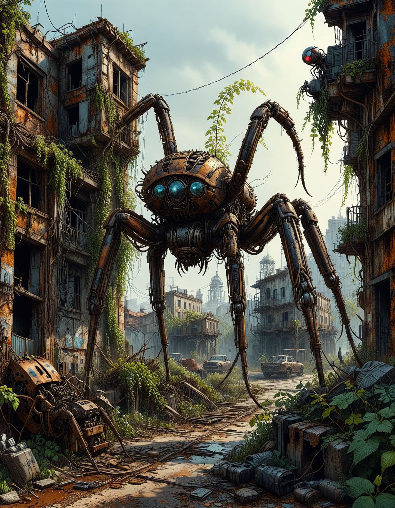 hyper realistic, a colossal mechanical spider walking through a post-apocalyptic city, rusted buildings, vines overtaking structures, dramatic lighting, intense atmosphere 
 <lora:InkArtXL_1.2:1> ink art, line art
<lora:add-detail-xl:1>
<lora:MJ52:0.35>,
<lora:SDXLFaeTastic2400:0.325>,
(settings by AIDigitalmediaaggency:0.0001),
OverallDetailXL