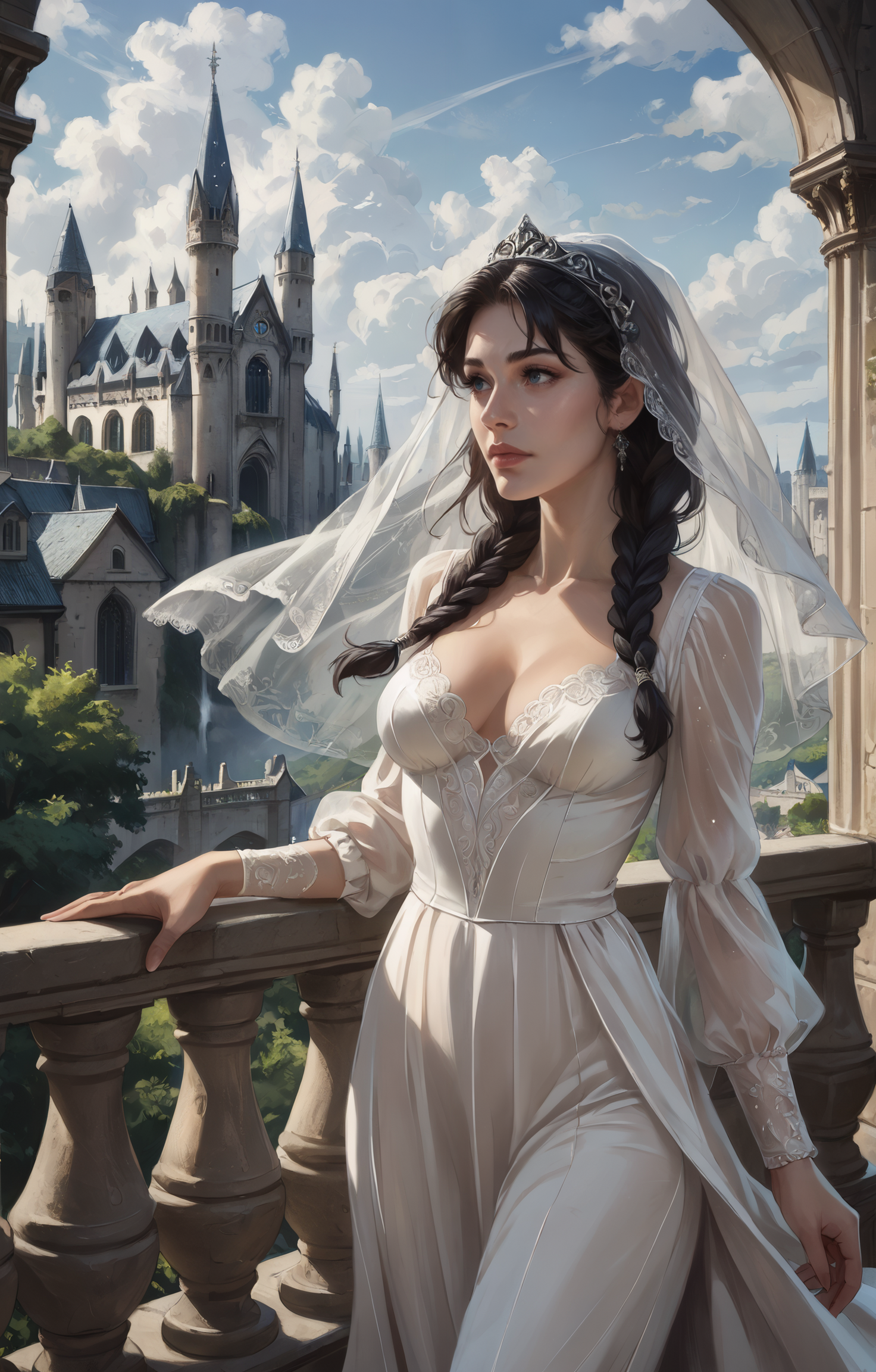 score_9_up, score_8_up, score_7_up, best quality, ultra highres, Casual, shiny skin, detailed, detailed background, realistic face,
1girl, balcony, looking afar, cathedral in background, partial cloudy,
BREAK
BREAK
1woman, convenient_breasts,black hair, floating hair,  twin braids, head veil, sheer veil,
 <lora:incase---1:0.4> <lora:1mg1mgXLP:0.8> 1mg1mg <lora:Concept Art Ultimatum Style LoRA_Pony XL v6_340628:1>