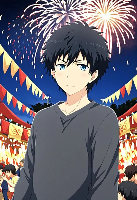 high resolution, solo, best quality, 1Boy, Arata Kaizaki, Black Hair, Blue Eyes, Festival, Date, Firework, OverallDetail