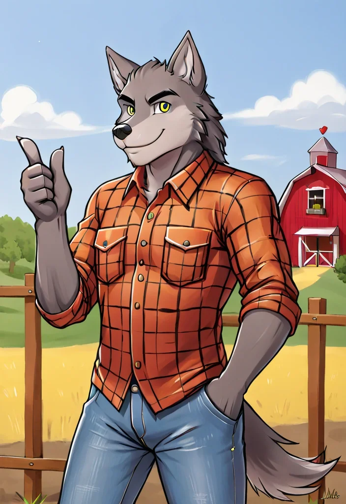 early-meesh, wolf, male, flannel, jeans, hand on pocket, thumbs up, smile, yellow eyes, farm solo