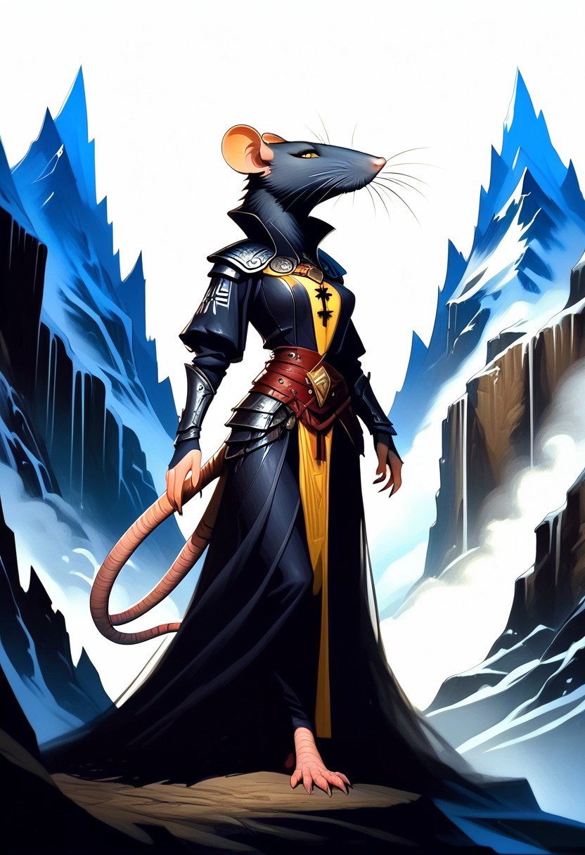 A digital painting of The Great Horned Rat from the Warhammer Fantasy setting. She has big horns, rodent, rat anthro female, skaven, Goddess. medium boobs, looking at viewer, seductive look, full body view, Mountain background, 3/4 side view