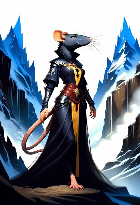 A digital painting of The Great Horned Rat from the Warhammer Fantasy setting. She has big horns, rodent, rat anthro female, skaven, Goddess. medium boobs, looking at viewer, seductive look, full body view, Mountain background, 3/4 side view