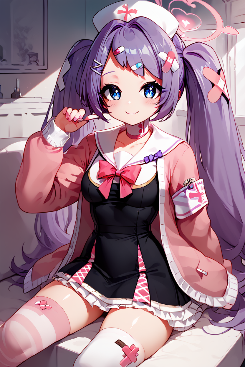 score_9, score_8_up, score_8, medium breasts, (curvy), cute, eyelashes,       BREAK, , ,,, zzHanae, blue eyes, purple hair, long hair, twintails, halo, hair ornament, hat pink jacket, white sailor collar, mismatched legwear, striped thighhighs, nurse outfit, white dress, <lora:Hanae_BlueArchive_PDXL:1.0>,   ,,,, BREAK, ,,, smile, looking at viewer, blush, blurry, couch, sitting, ,,, shiny skin, <lora:ProAnime_PDXL_v1:0.7>, ,,, embedding:zPDXL, Expressiveh, <lora:SDXLFaeTastic2400:0.5>, <lora:Expressive_H-000001:0.4>,