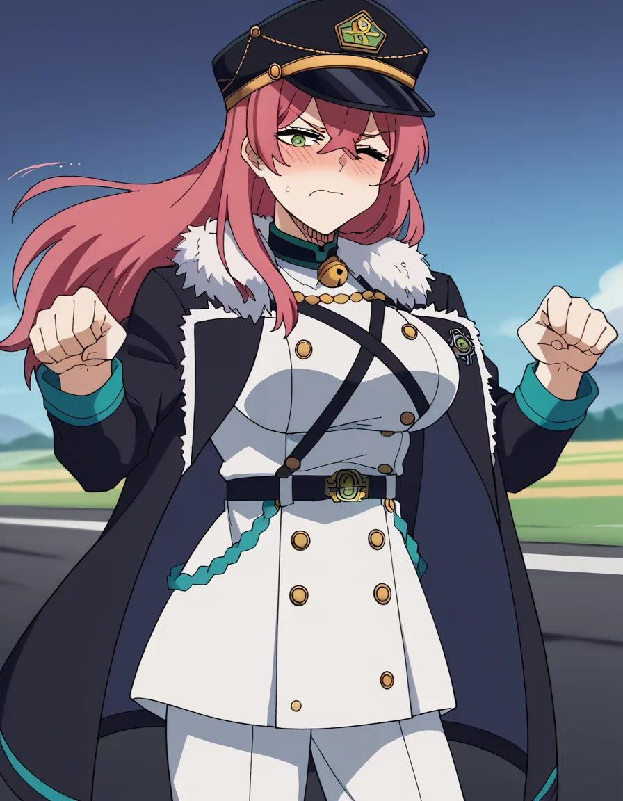 score_9, score_8_up, score_7_up, source_anime, <lora:princia-funnybunny-movie-ponyxl-lora-nochekaiser_r1:1>, princia funnybunny, long hair, green eyes, pink hair, red hair, crossed bangs, sidelocks, hat, jacket, belt, uniform, fur trim, military, military uniform, peaked cap, large breasts,, road, cars, asphalt, travel, speed, , <lora:sad-cat-dance-ponyxl-lora-nochekaiser:1> sad cat dance, sad cat dance (meme), dancing, paw pose, palms together, bouncing breasts, neck bell, cat ear hairband, fake animal ears,, blush, closed eyes, embarrassed,, cowboy shot, looking at viewer,, looking at viewer, solo,, dutch angle, cowboy shot