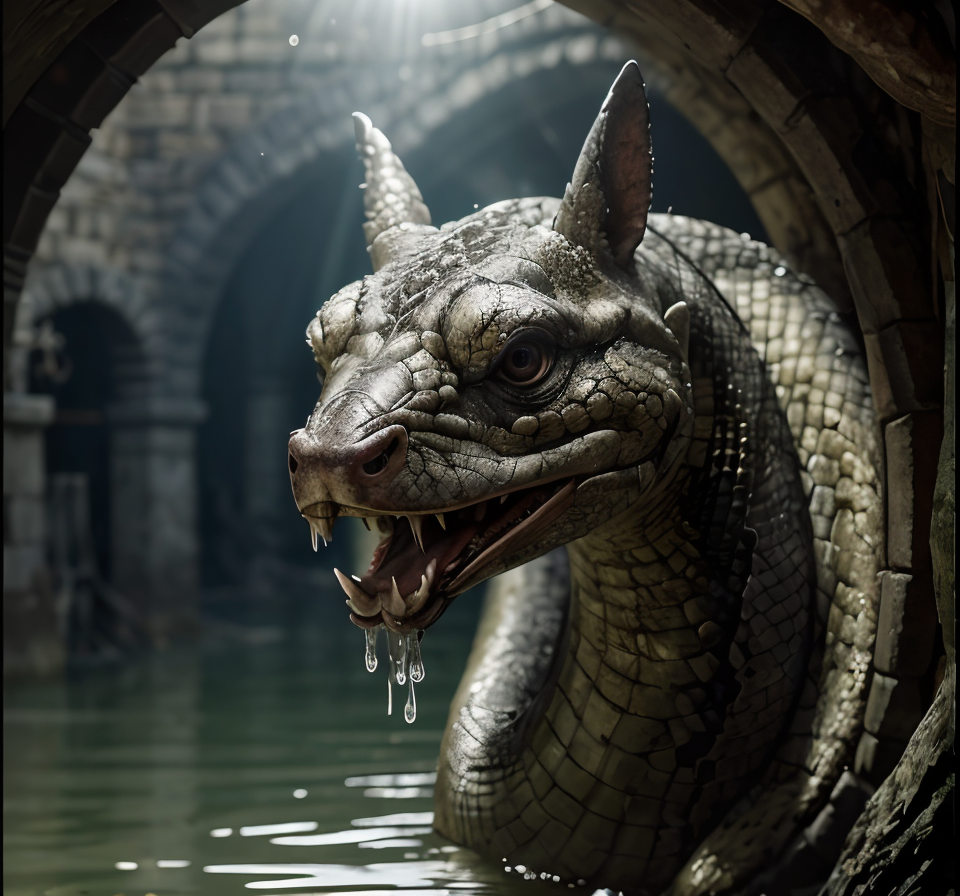 RAW photo, (masterpiece:1.3), subsurface scattering, heavy shadow, (high quality:1.4), (intricate, high detail:1.2), professional photography, HDR, High Dynamic Range, realistic, ultra realistic, photorealistic, high resolution, film photography, ambient lighting, atmospheric effects, <lora:detail_slider_v4:2>, OverallDetail, a giant snake, in a dark, medieval, fantasy, sewer, water, <lora:Sewer:0.7>, epiCPhoto,