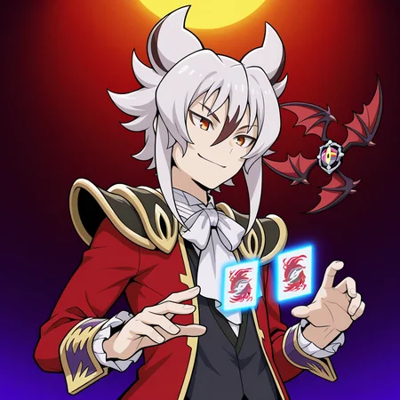 masterpiece,best quality,amazing quality BREAK kyoya gaen,male focus,1boy,dark core deck case\(wings\),bat wings,floating object,floating,smile,ascot,bowtie,solo,floating card,glowing card,armor,upper body,red coat,waistcoat,shoulder armor,<lora:Kyoya_Gaen_V2-3>,