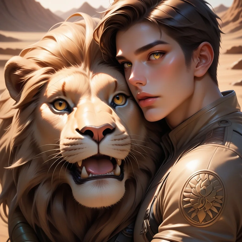 aaPO8bd,score_9,score_8_up,score_7_up,score_6_up,score_6_up,adult, 1man, hug, eye focus, yellow eyes, closed-up, open mouth, (lion), sci-fi bodysuits, aesthetic, sleep, rule of thirds, realistic, tongue, desert, dune, muscular
