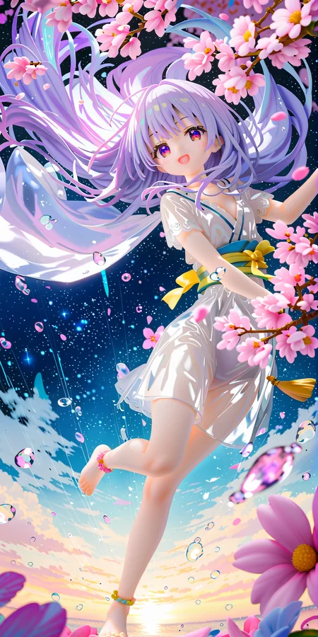 score_9, score_8_up, score_7_up, score_6_up,Transparent background:1.5,(((masterpiece))),best quality,((extremely detailed)),illustration, 1girl,solo,mysterious,vivid color,shiny, transparent sealed hemispherical glass , (white eye:1.3), full body,barefoot,(long messy white hair), messy long hair, Dome,close up,Dynamic actions,Lens perspective, volumetric lighting,((sakura blossom)), multi-color eyes,eyes reflection, detailed eyes, hyper detailed,light smile, highly detailed, beautiful, small details, ultra detailed, best quality, intricate, 4k, 8k, trending on artstation, good anatomy, beautiful lighting, award-winning,sakura wind,(wind),<lora:StS_PonyXL_Detail_Slider_v1.4_iteration_3:4>,<lora:EyesGen:0.4>,pink and blue stars,good feet,better toes
