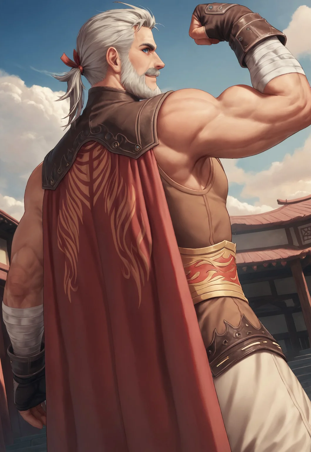 score_9, score_8_up, RashardZangan, short hair with ponytail, hair ribbon, grey hair, blue eyes, beard, mustache, muscular, mature male, red cape, brown vest, bandaged arms, fingerless gloves, gold belt, beige baggy pants, looking at viewer, smile, dynamic pose, detailed background, dutch angle, upper body, cowboy shot, blue sky, clouds, dojo, flexing, (back view), gust of wind,