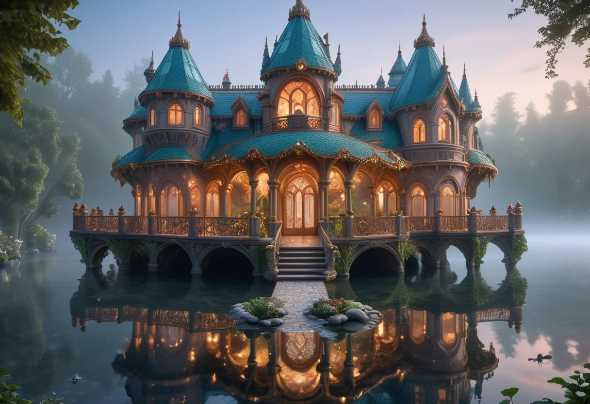 award winning, (professional photo) of (grand fantasy floating palace) with fairy tale gingerbread trim, crystal roof, Dragon Scale walls, circular windows with enchanted glass, double doors with crystal inlays, veranda wooden beams, stone pathway enchanted garden, located in a misty lakeside, enveloped in early morning fog, with the distant call of loons echoing, creating a mystical and calm atmosphere , , creative, beautiful, vibrant, masterpiece, 64k, UHD, HDR, full view, atmospheric lighting, extremely detailed