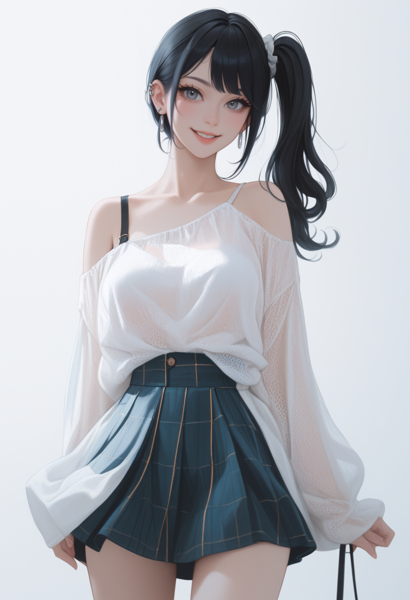 score_9, score_8_up, score_7_up, best quality,
1girl, sw34ter,  outfit1, off shoulder, sk998 skirt,   grey eyes, eyelashes, side ponytail, looking at viewer, standing,
seductive smile, cowboy shot,
ear piercing,
white background,
 <lora:998sk outfit Ponyv3:1>
