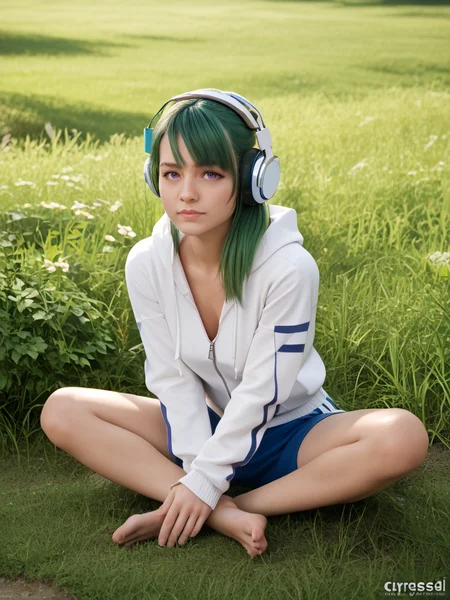 PDXL, <lora:SittingCrossLeggedV1:1>, cr0ssl3gg3d,
1girl, cute face, detailed eyes, long green hair, purple eyes, headphones, music, white zip-up hoodie, blue shorts, barefoot, sitting cross-legged on grass
