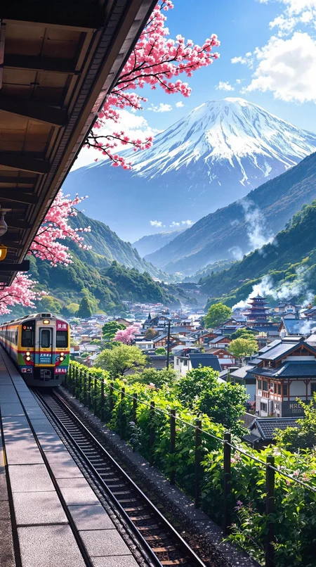 A Japanese commuter train, adorned with cherry blossom-patterned advertisements, glides effortlessly alongside a tranquil train station. As the camera pans out, the breathtaking vista unfolds, showcasing a picturesque expanse of Japanese villages nestled between mountains, their peaks capped with glistening snow. Lush greenery blankets the rolling hills, punctuated by wispy smoke rising from rustic rooftops.